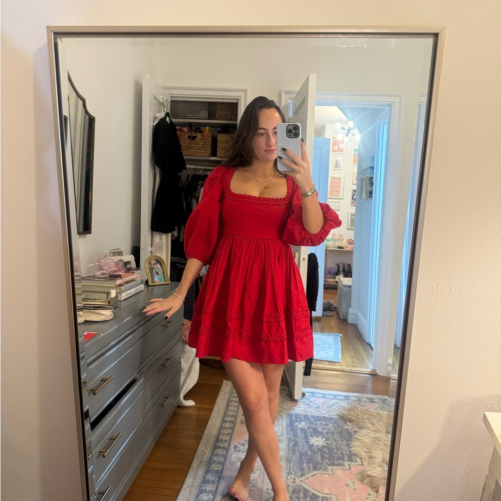 RHODE Vibrant Red Mini Dress with Puff Sleeves